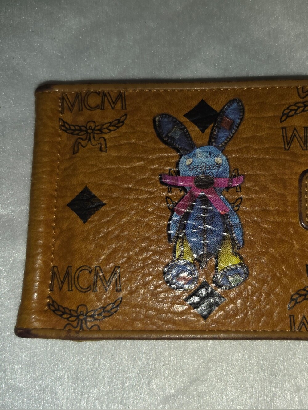 MCM Cognac Leather Card Holder with Multicolor Bunny Graphic